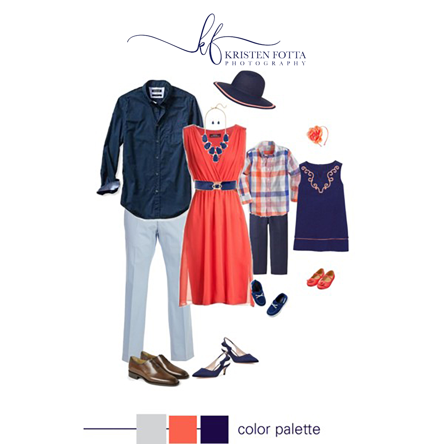coral and navy blue outfit