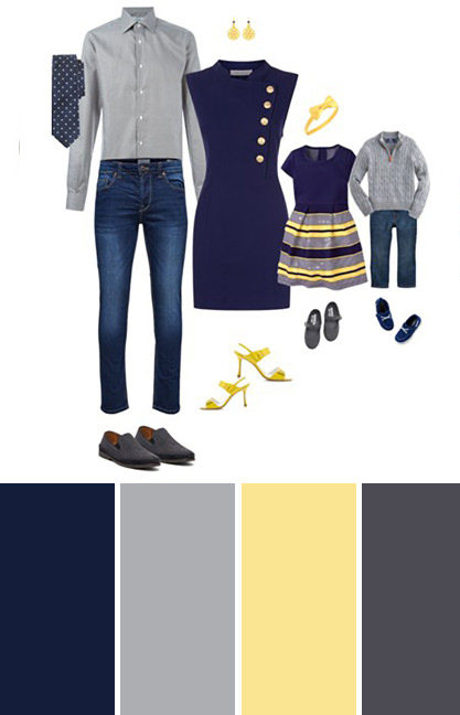 family photo outfit idea in navy and mustard