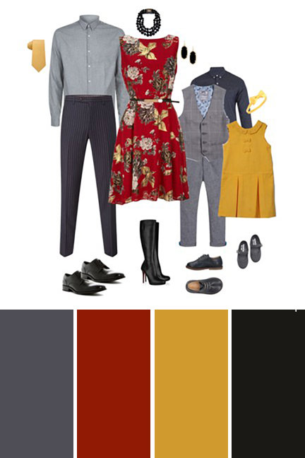 fall family picture color scheme in red mustard and gray