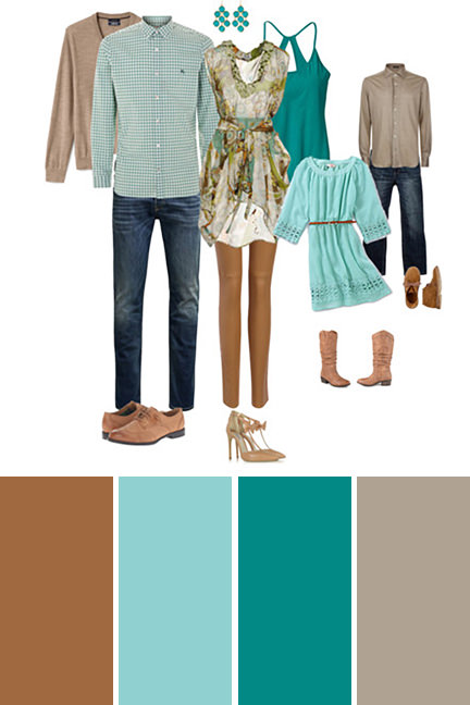 Coordinating outfits for family photos in turquoise and tan